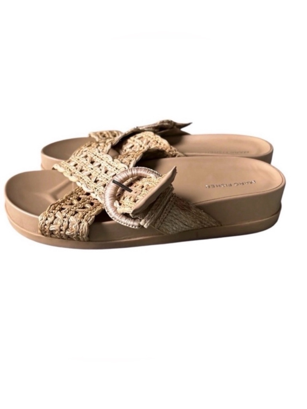 Marc Fisher LTD Woven Welti Buckle Platform Slide Sandals - Beige